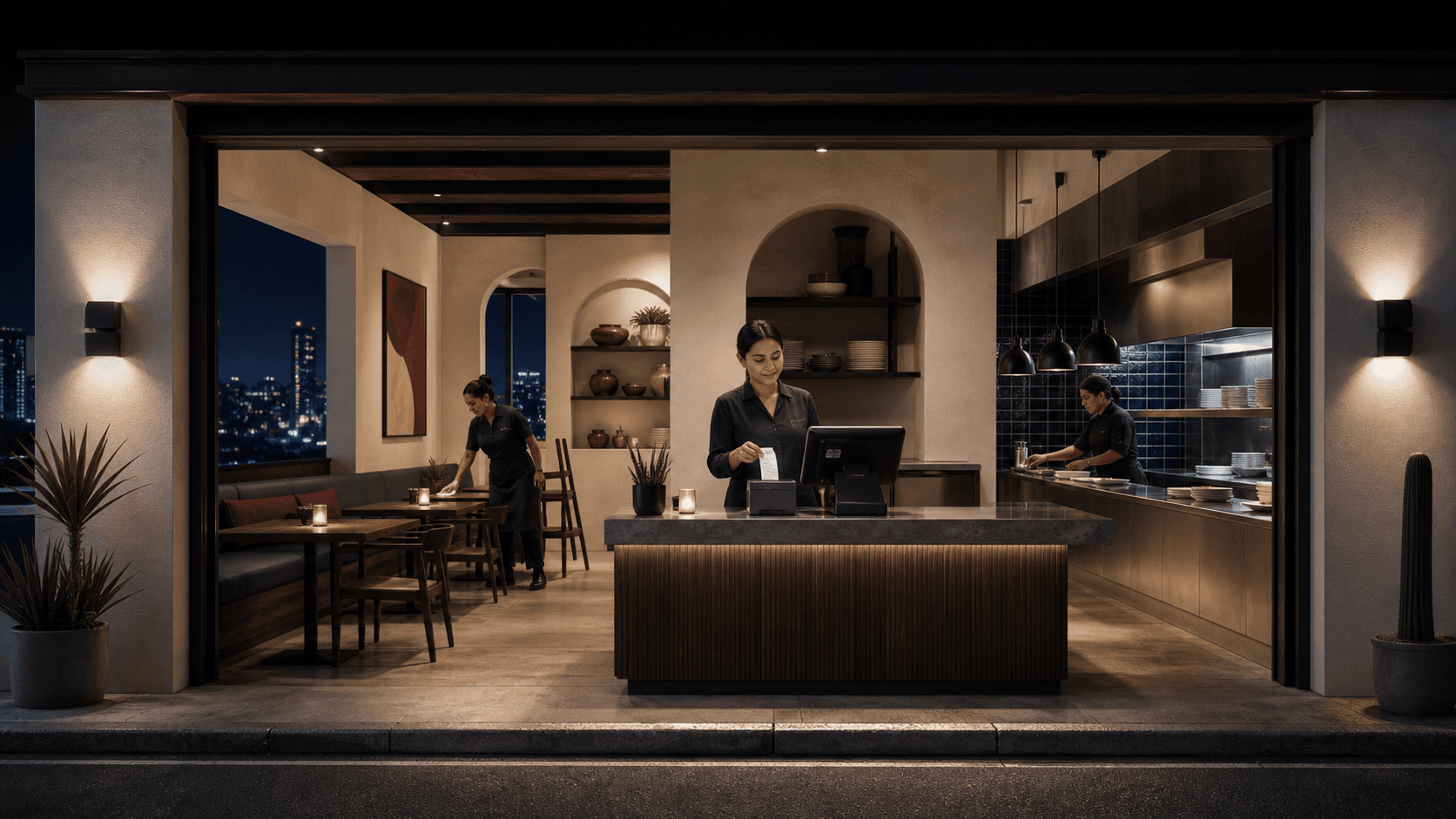 Cajera generando un comprobante mientras el equipo cierra el restaurante por la noche